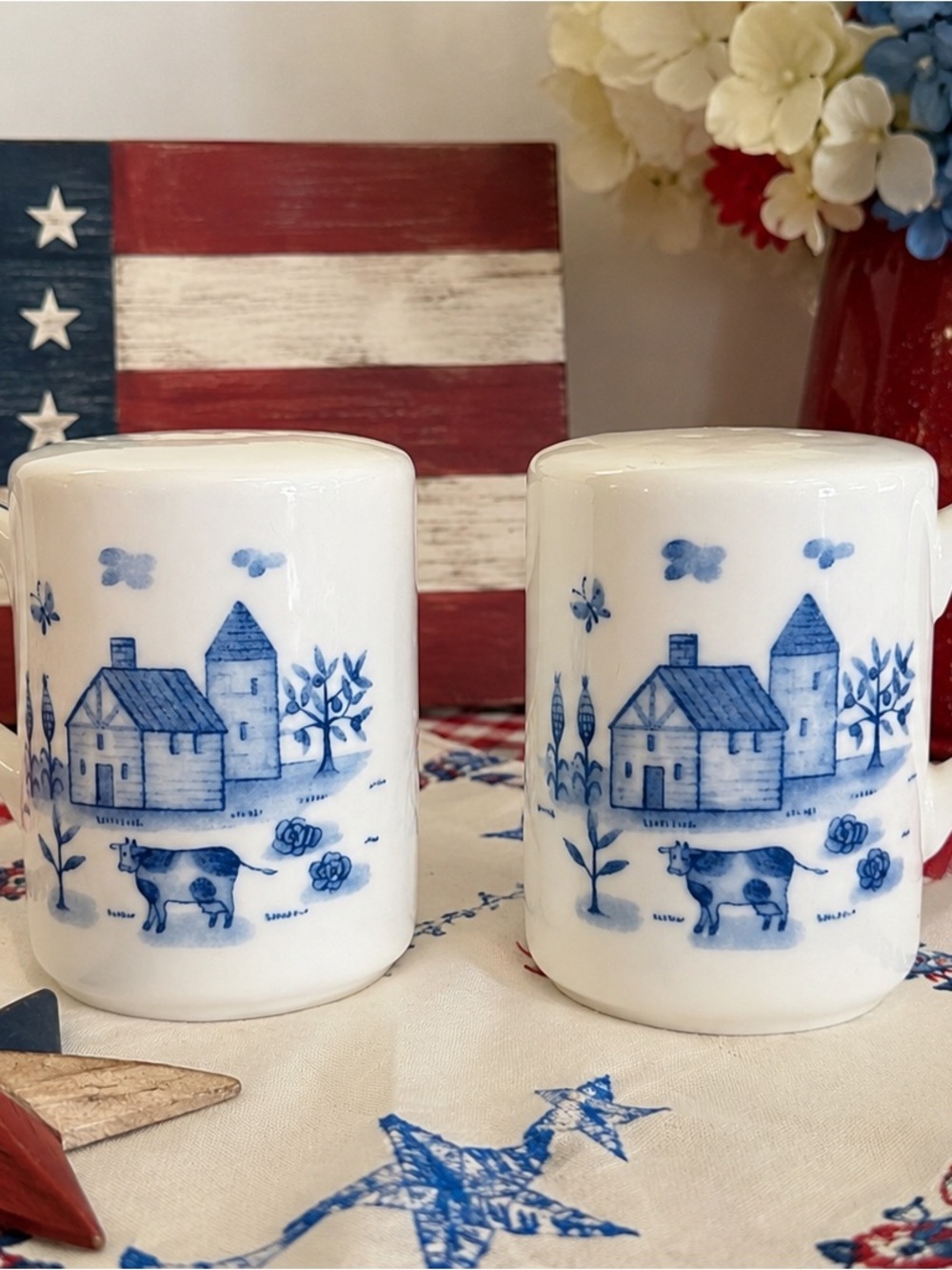 Vintage White Ceramic Mugs with Blue Farmhouse Transfer